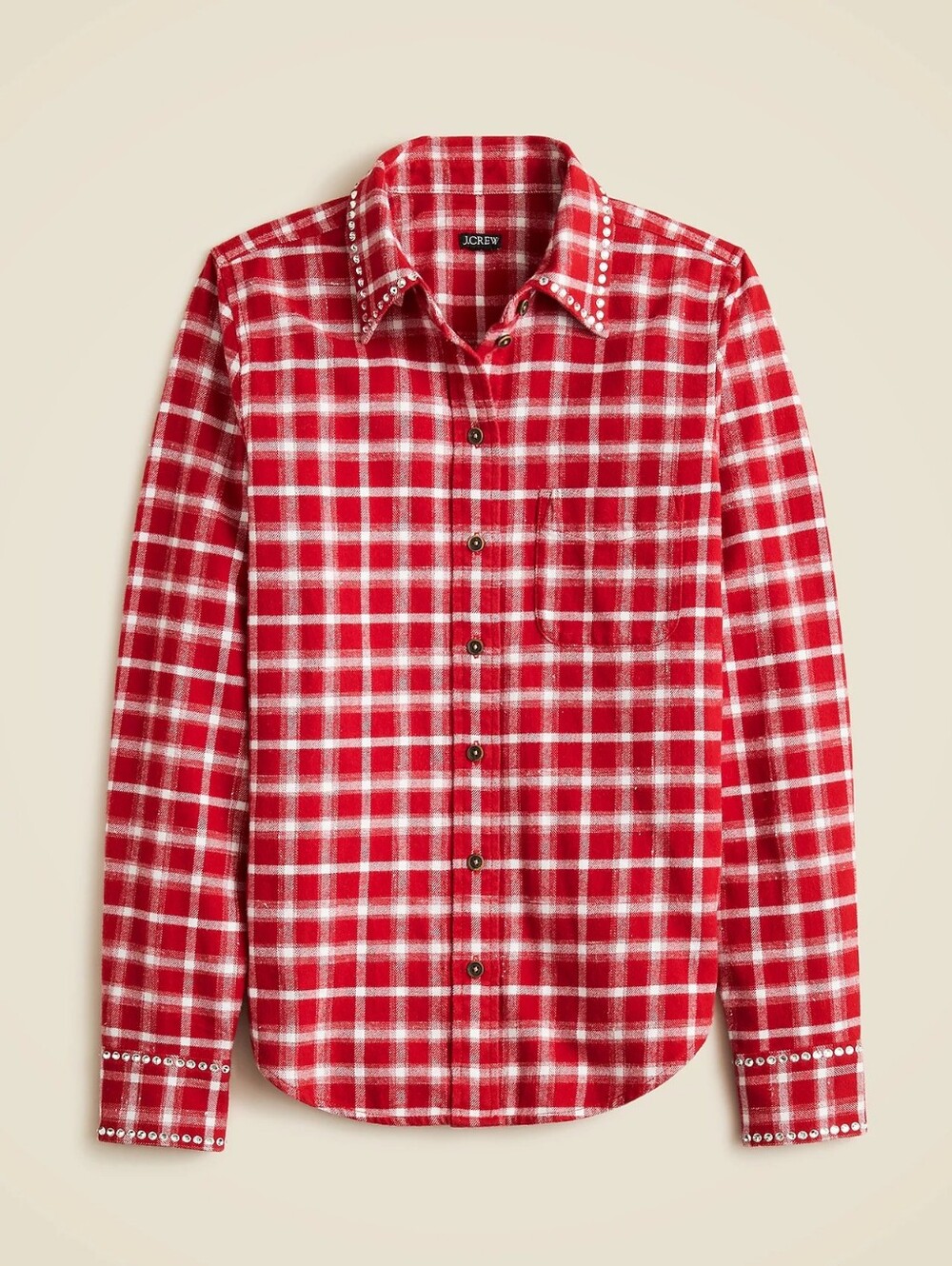 J. Crew Embellished Button-Up Shirt Red Plaid Brushed Cotton Oxford Plud Size 20